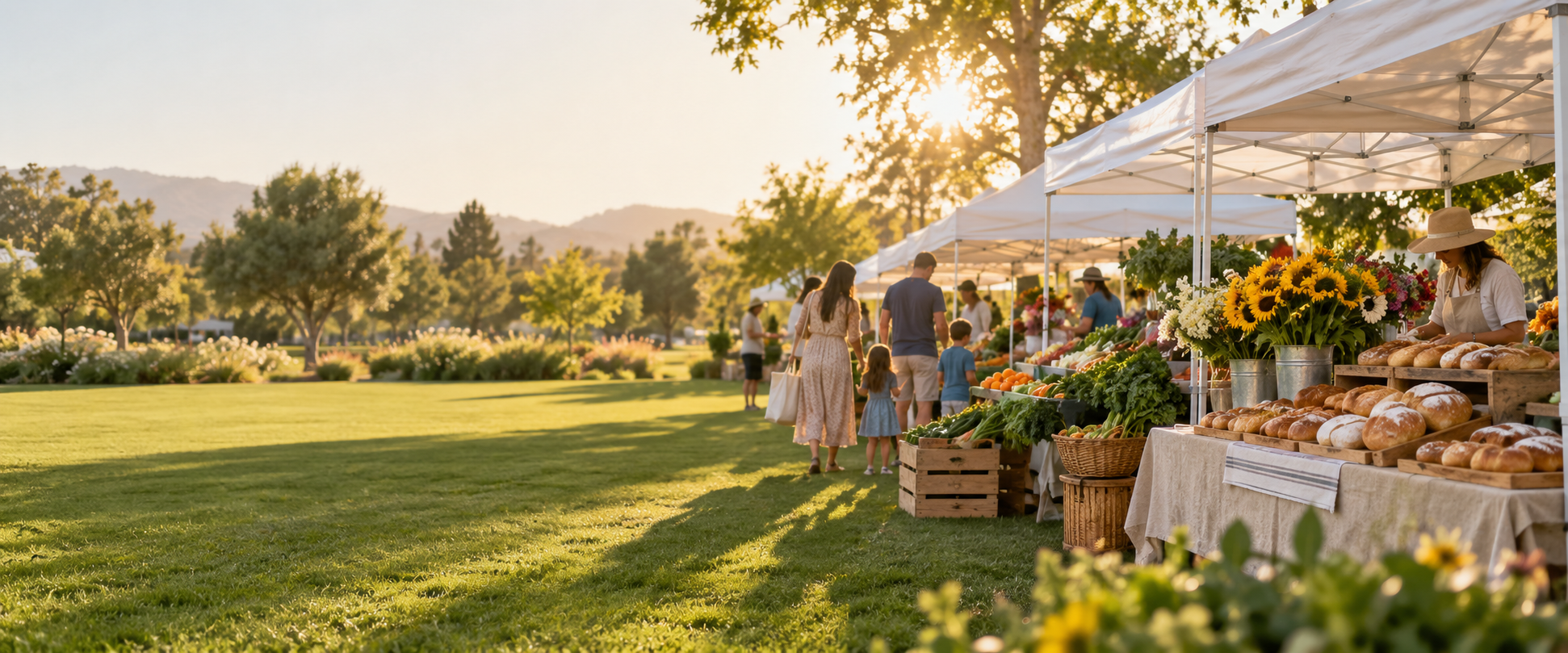 Families browsing vendors at a sunny neighborhood morning market